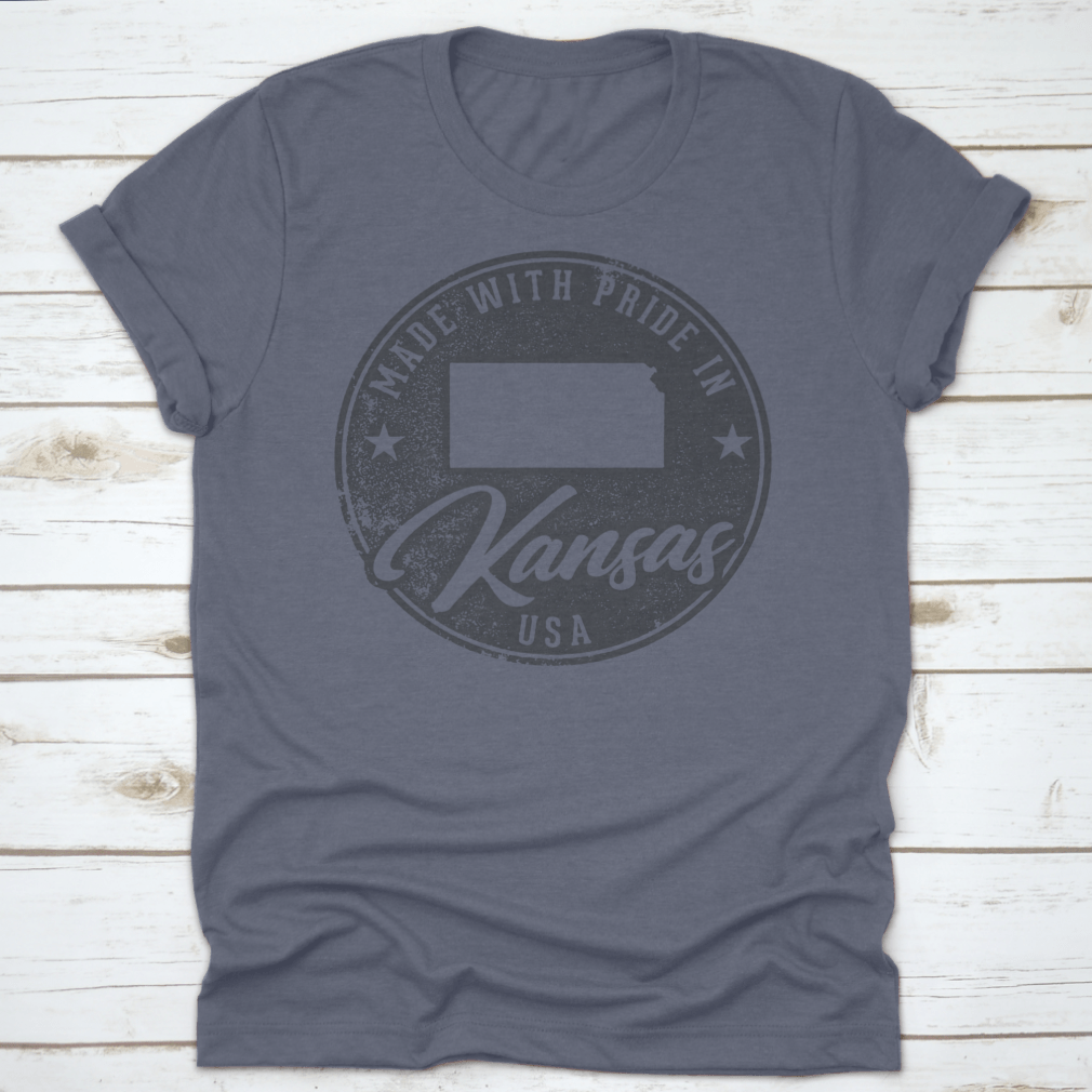 A comfortable t-shirt made from 100% cotton, featuring a Kansas state map packaging label, showcasing its quality and classic fit.